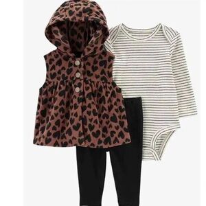 Carter's Baby Girls Brown with Black Hearts 3 Piece Vest Jacket Set Leopard NWT